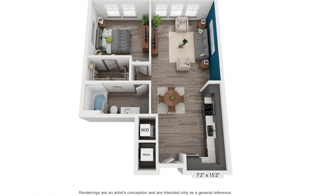 A3 - 1 bedroom floorplan layout with 1 bath and 801 square feet. (3D)