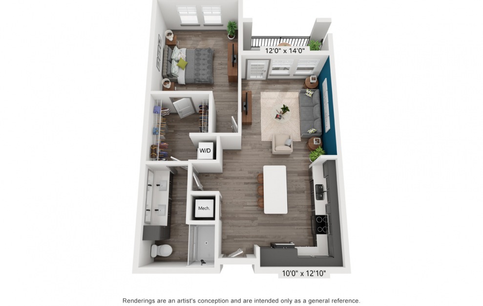 A4 - 1 bedroom floorplan layout with 1 bath and 803 square feet. (3D)