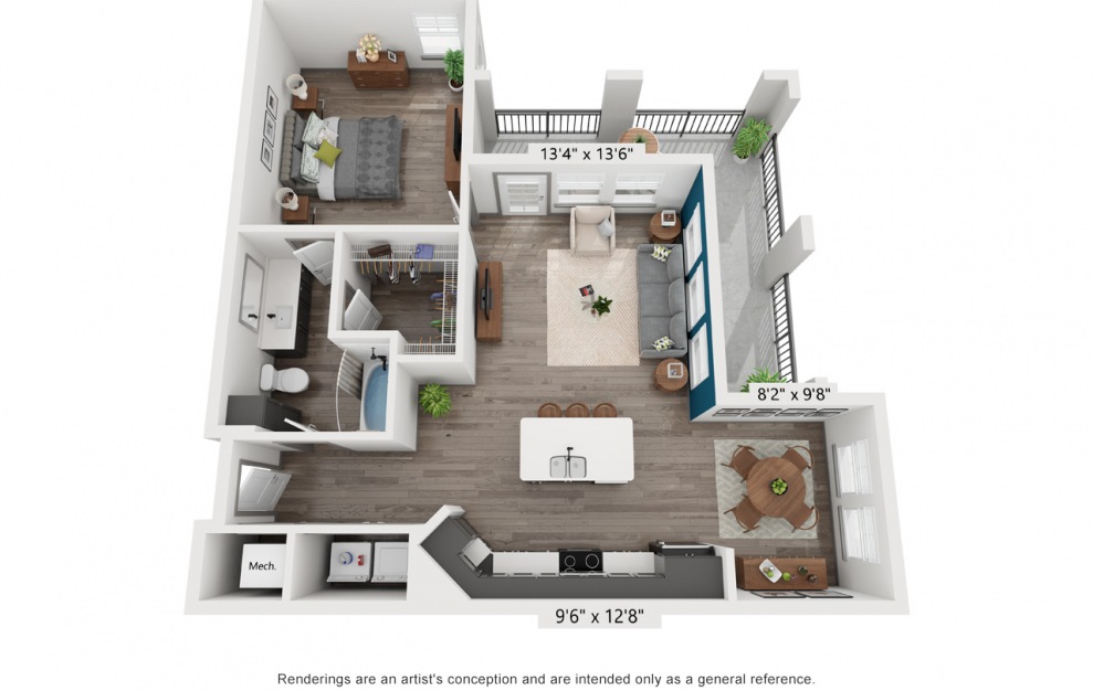 A5 - 1 bedroom floorplan layout with 1 bath and 858 square feet. (3D)