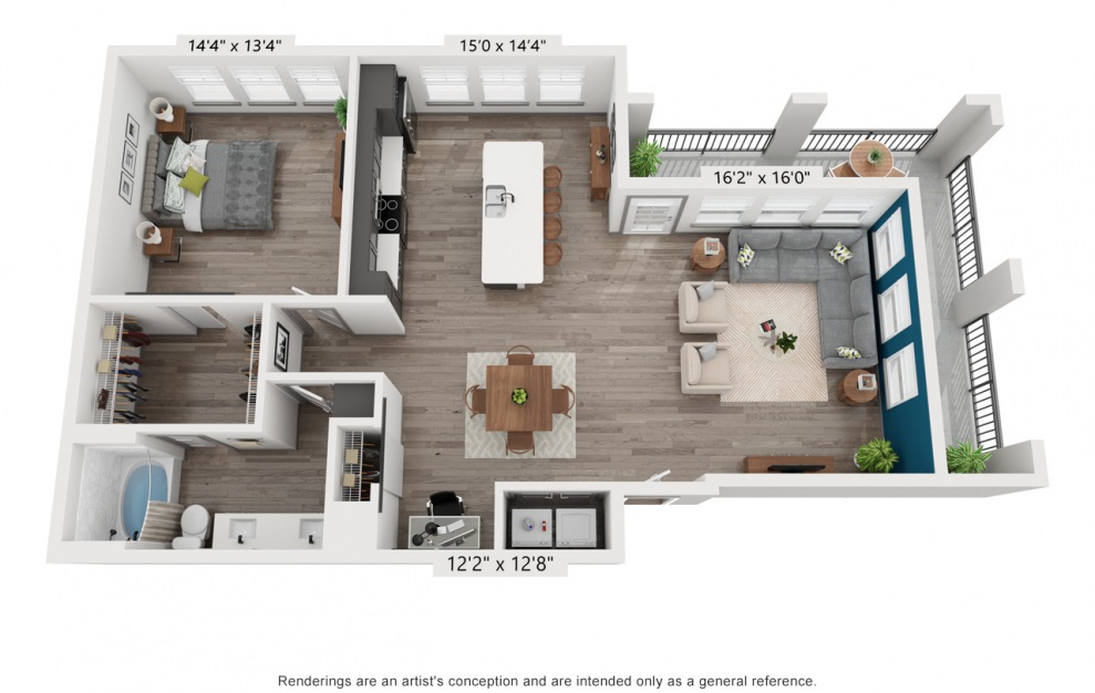 A6 - 1 bedroom floorplan layout with 1 bath and 1144 square feet. (3D)
