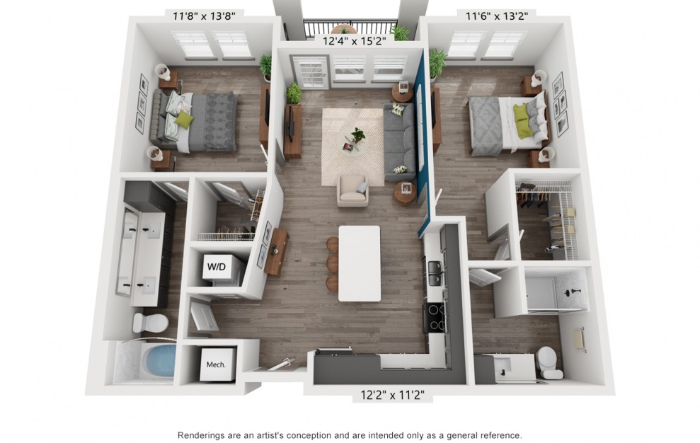 B1 - 2 bedroom floorplan layout with 2 baths and 1085 square feet. (3D)