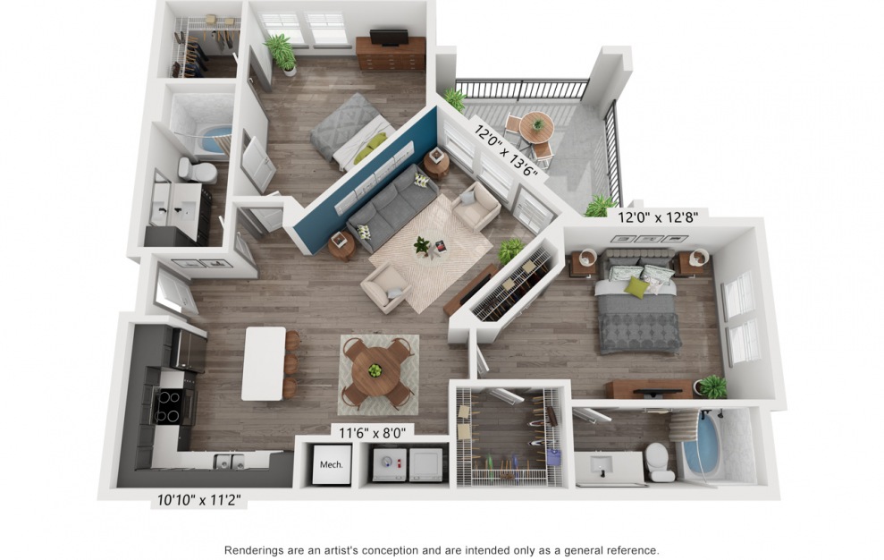 B2 - 2 bedroom floorplan layout with 2 baths and 1161 square feet. (3D)