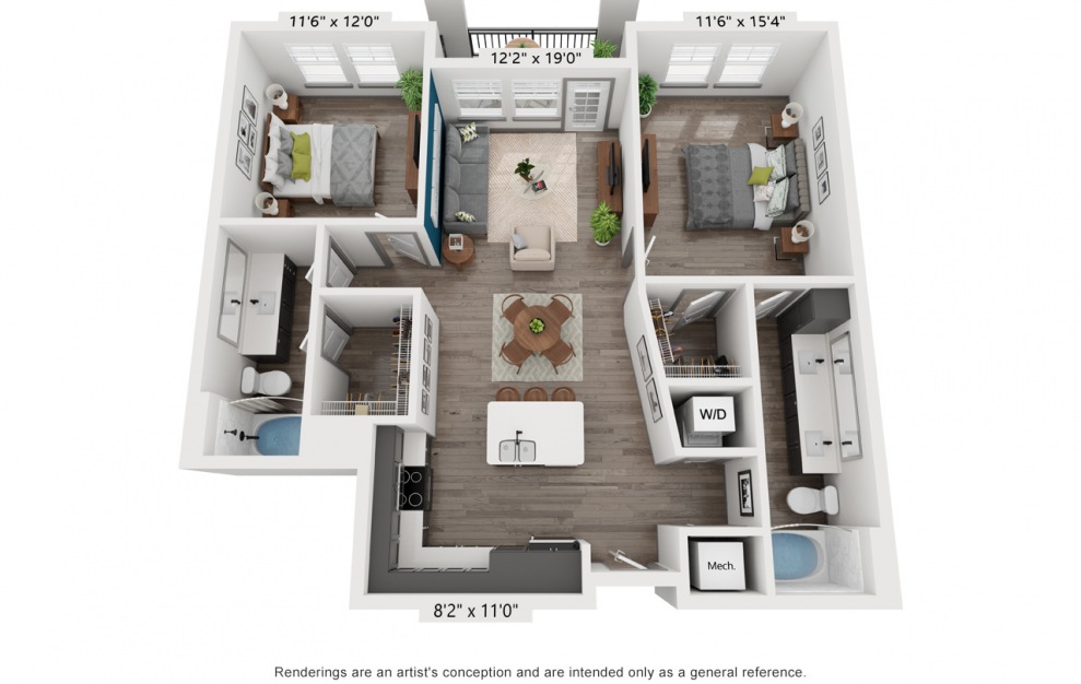 B4 - 2 bedroom floorplan layout with 2 baths and 1095 square feet. (3D)