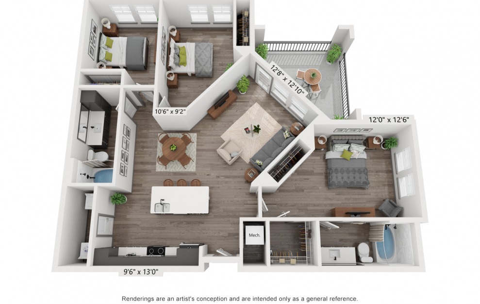 C1 - 3 bedroom floorplan layout with 2 baths and 1302 square feet. (3D)