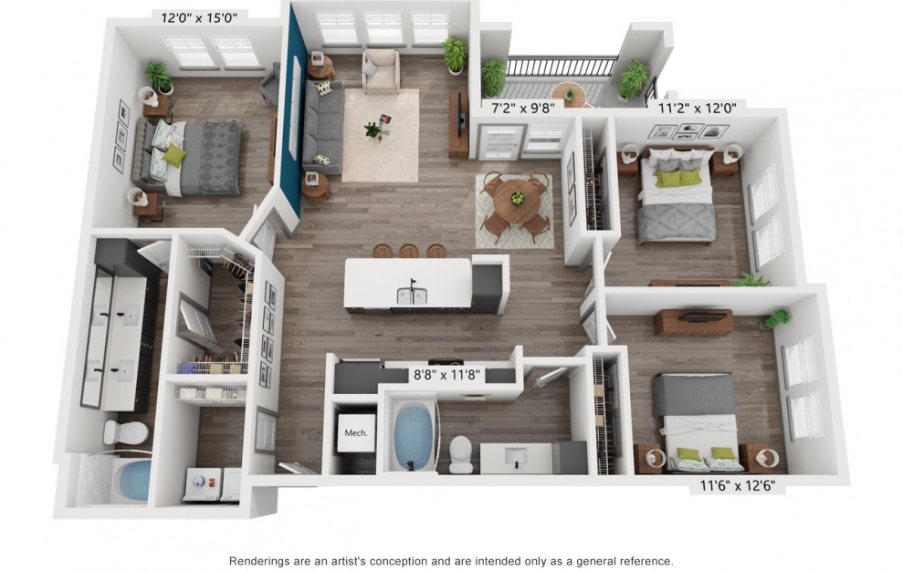 C2 - 3 bedroom floorplan layout with 2 baths and 1408 square feet. (3D)