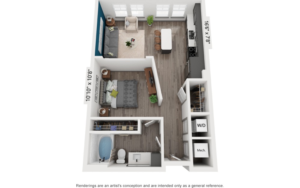 S1 - Studio floorplan layout with 1 bathroom and 678 square feet (3D)