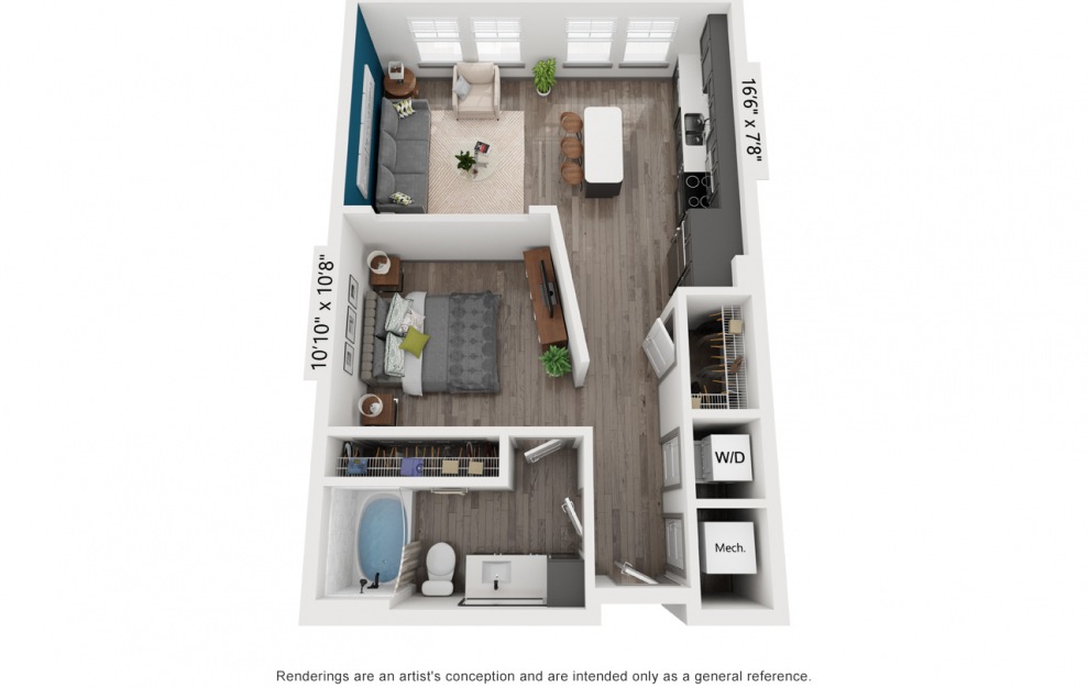 S1 - Studio floorplan layout with 1 bath and 678 square feet. (3D)