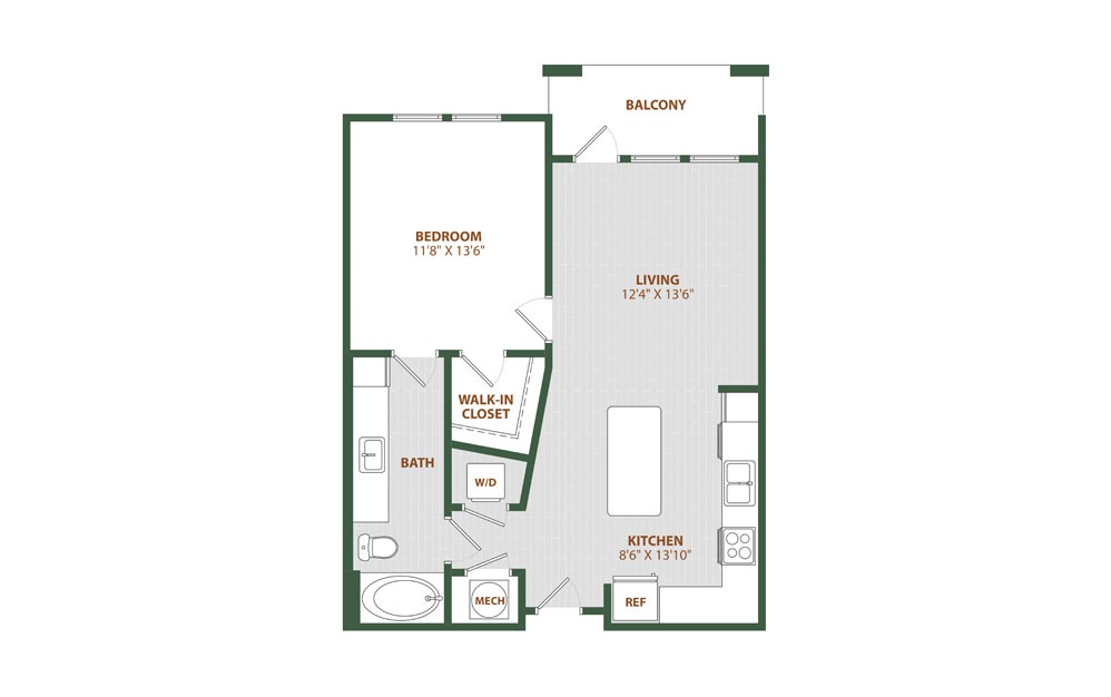 A1 - 1 bedroom floorplan layout with 1 bath and 724 square feet. (2D)