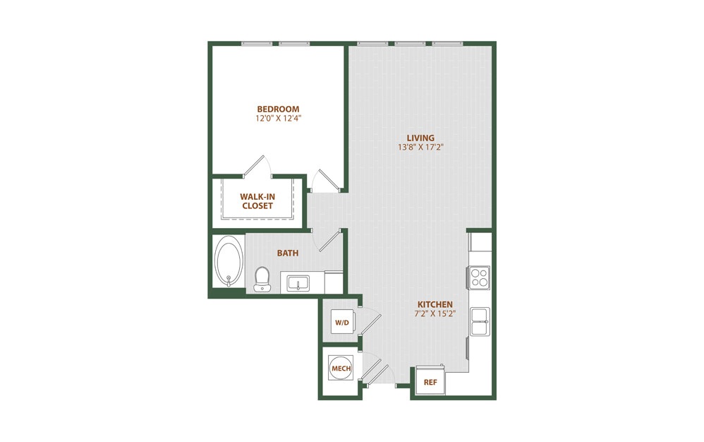 A3 - 1 bedroom floorplan layout with 1 bath and 801 square feet. (2D)