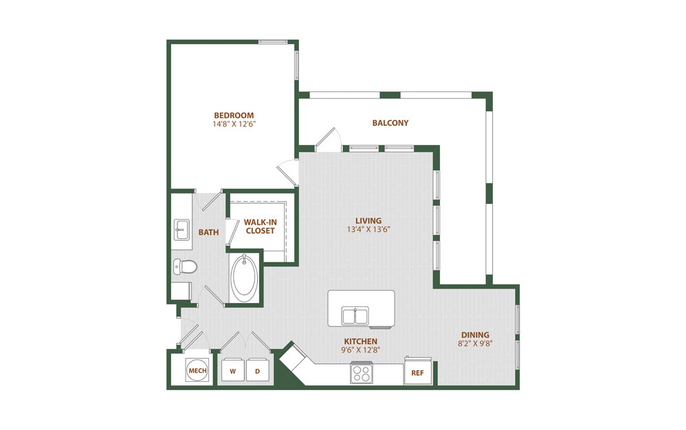 A5 - 1 bedroom floorplan layout with 1 bath and 858 square feet. (2D)