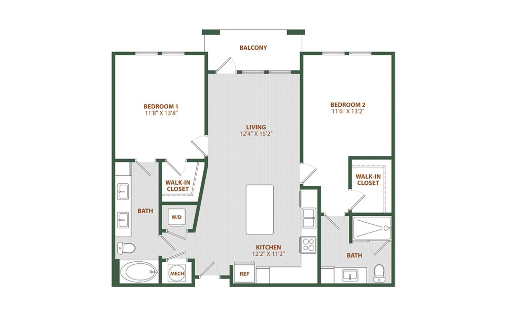 B1 - 2 bedroom floorplan layout with 2 baths and 1085 square feet. (2D)