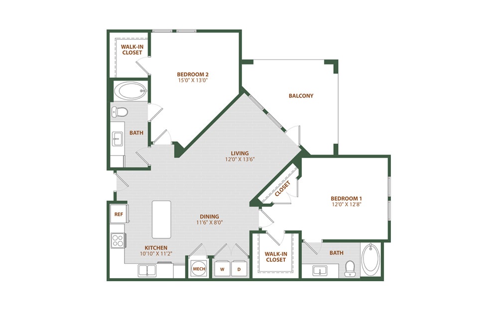 B2 - 2 bedroom floorplan layout with 2 baths and 1161 square feet. (2D)