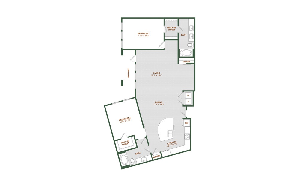 B3 - 2 bedroom floorplan layout with 2 baths and 1567 square feet. (2D)