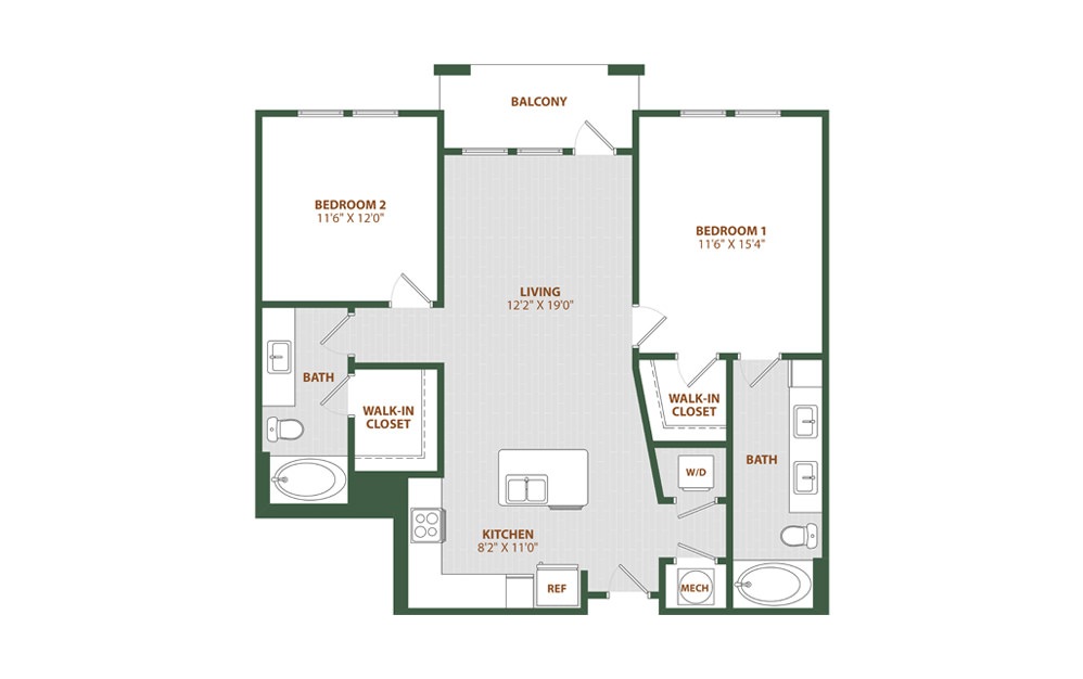 B4 - 2 bedroom floorplan layout with 2 baths and 1095 square feet. (2D)