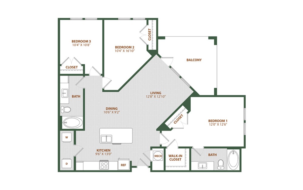 C1 - 3 bedroom floorplan layout with 2 baths and 1302 square feet. (2D)