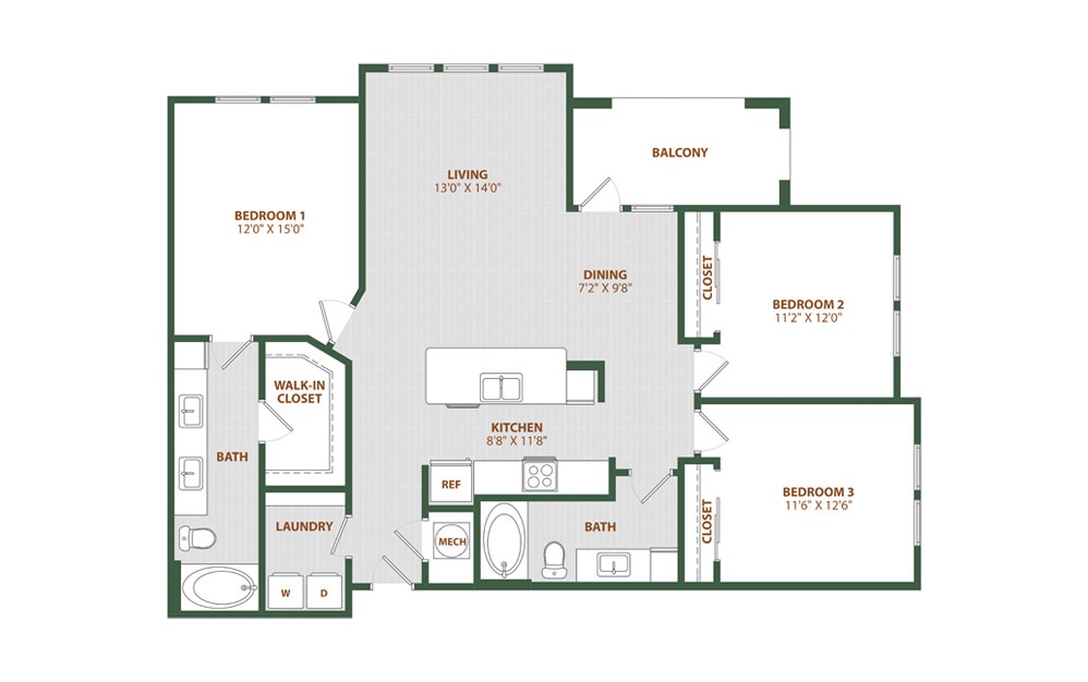 C2 - 3 bedroom floorplan layout with 2 baths and 1408 square feet. (2D)